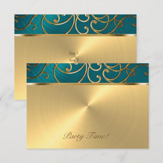 Invitation Quinceanera Turquoise Bleu Vert et Or Filigree (Devant / Derrière)