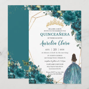 Invitation Quinceañera Turquoise bleu vert Floral Princesse C