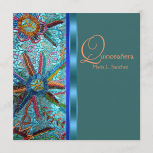 Invitation Quinceanera turquoise bleue orange perlée