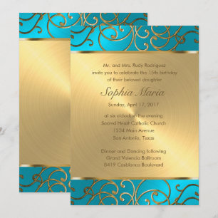 Invitation Quinceanera Turquoise Blue et Gold Filigree