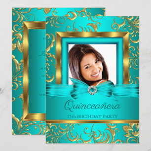 Invitation Quinceanera Turquoise Blue Gold Floral Photo