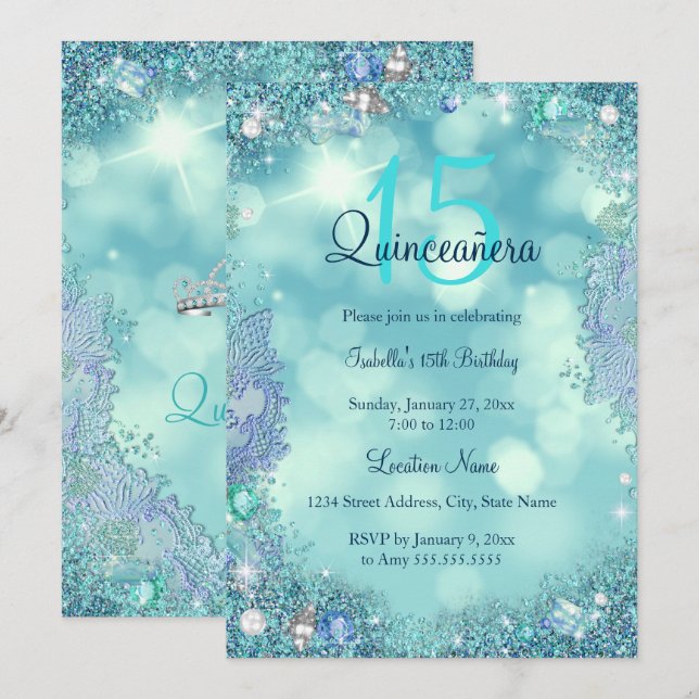 Invitation Quinceanera Turquoise Blue Ocean Sky fête d'annive (Devant / Derrière)
