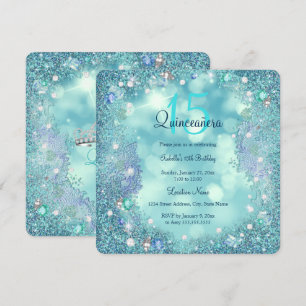 Invitation Quinceanera Turquoise Blue Pearles Ocean Sky Anniv