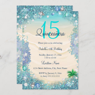 Invitation Quinceanera Turquoise Blue Sand Ocean Beach Annive