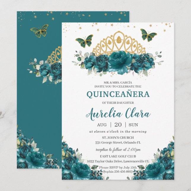 Invitation Quinceañera Turquoise Cyan Floral Papillons Couron (Devant / Derrière)