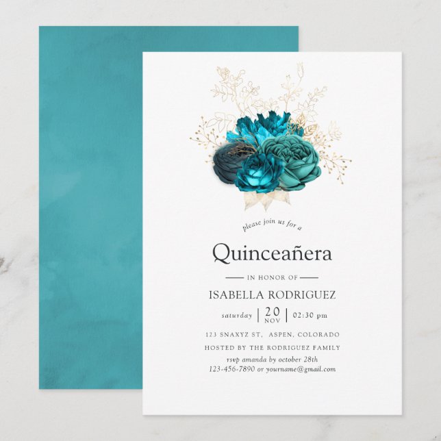Invitation Quinceañera turquoise et or Floral (Devant / Derrière)
