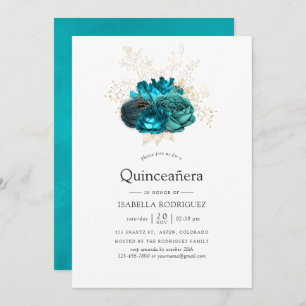 Invitation Quinceañera turquoise et or Floral