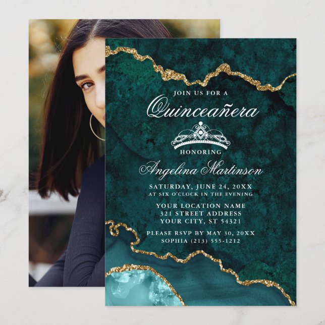 Invitation Quinceanera Turquoise Gold Marble Agate Géode Phot (Devant / Derrière)