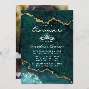Invitation Quinceanera Turquoise Gold Marble Agate Géode Phot