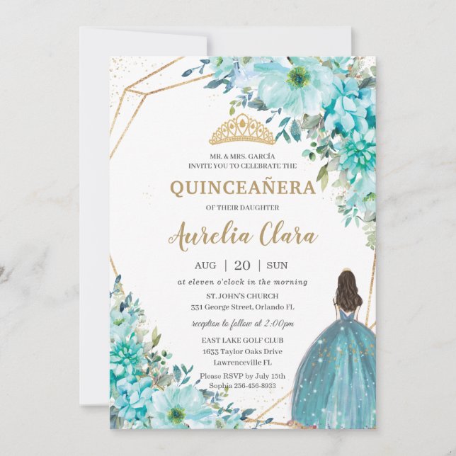 Invitation Quinceañera Turquoise Green Floral Gold Princesse (Devant)