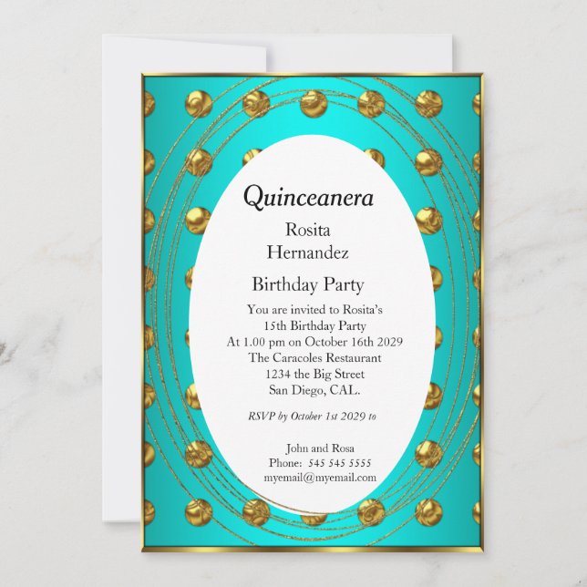 Invitation Quinceanera Turquoise Green Gold Balls fête d'anni (Devant)
