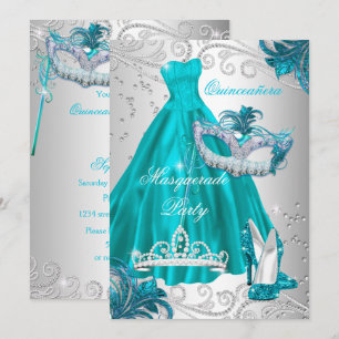 Invitation Quinceanera Turquoise Masque Robe Argent Mascarade