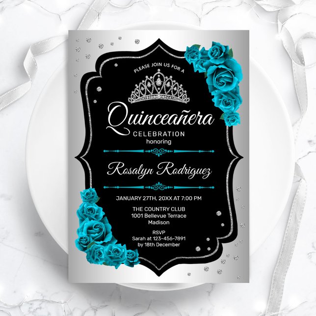 Invitation Quinceanera Turquoise noire en argent (Créateur téléchargé)