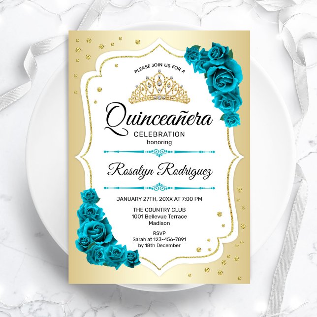 Invitation Quinceanera turquoise or blanc élégant (Créateur téléchargé)