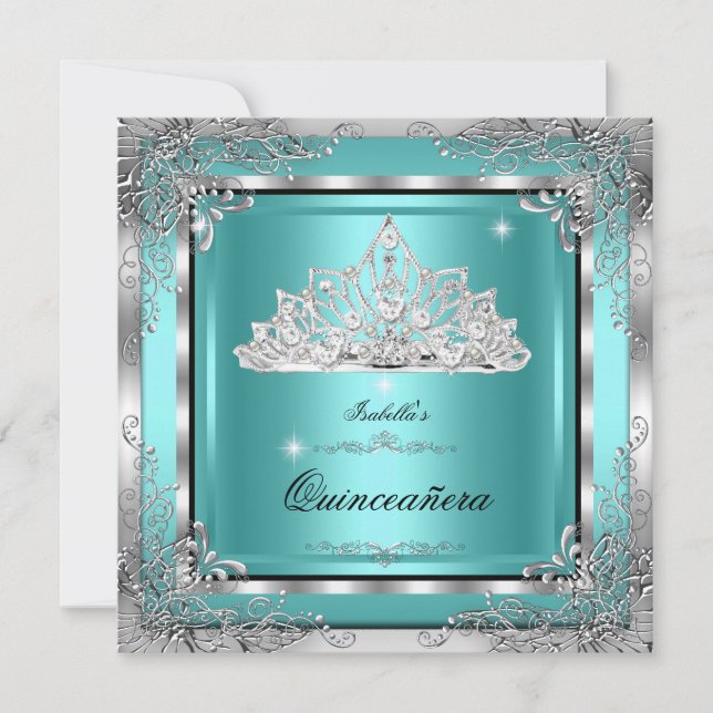 Invitation Quinceanera Turquoise Silver Diamond Tiara 15ème P (Devant)