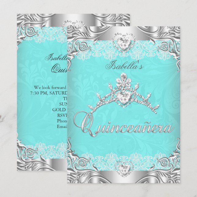 Invitation Quinceanera Turquoise Silver Diamond Tiara 15ème P (Devant / Derrière)