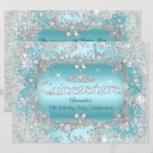 Invitation Quinceanera Turquoise Silver Tiara Winter Wonderla