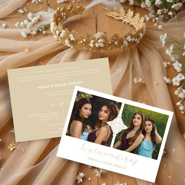 Invitation Quinceañera Twins 2 Photos Ornement Faux Golden (Spanish Quinceañera Twins 2 Photos Ornament Faux Golden Invitation. )