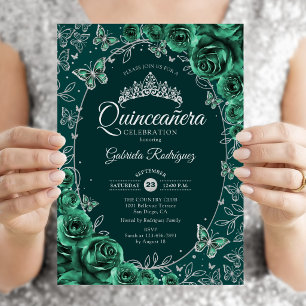 Invitation Quinceañera Vert Émeraude Argent