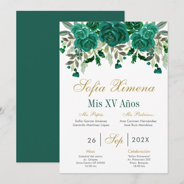 Invitation Quinceanera verte d'Emeraude (Devant / Derrière)
