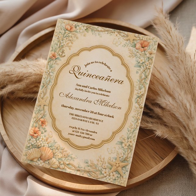 Invitation Quinceañera Vintage Côtière Coquillage (Créateur téléchargé)