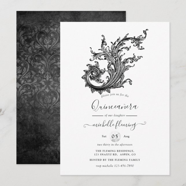 Invitation Quinceañera Vintage noire et blanche (Devant / Derrière)
