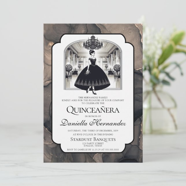 Invitation Quinceañera Vintage noire et blanche (Debout devant)