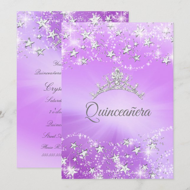Invitation Quinceanera Violet Argent Étincelles Tiara (Devant / Derrière)