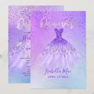 Invitation Quinceanera Violet+Blue Gown+Confetti