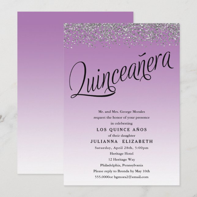 Invitation Quinceanera violet et argent 15e anniversaire (Devant / Derrière)