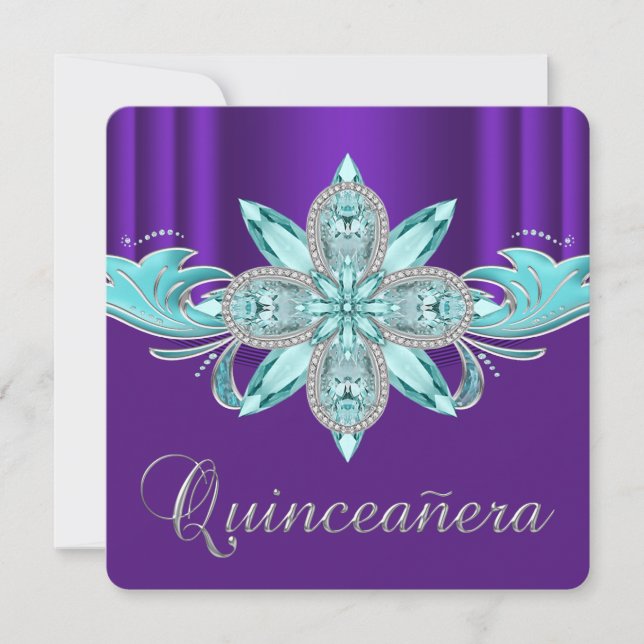 Invitation Quinceanera violet et Turquoise (Devant)