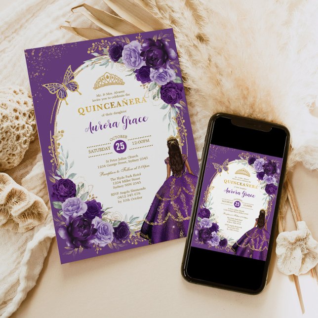 Invitation Quinceañera Violet Lilac Gold Floral Papillon (Créateur téléchargé)