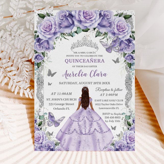 Invitation Quinceañera Violet Rose Floral Silver Princesse (Créateur téléchargé)