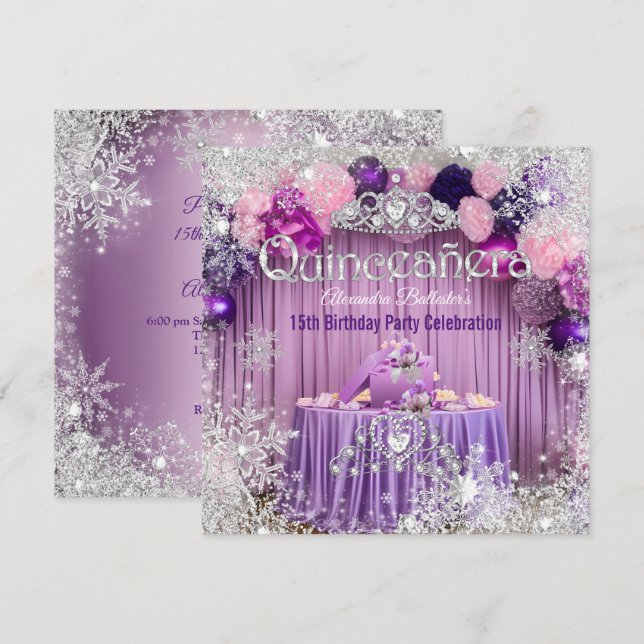 Invitation Quinceanera Violet rose Silver Tiara Snowflake (Devant / Derrière)