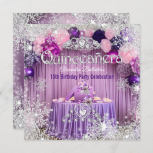 Invitation Quinceanera Violet rose Silver Tiara Snowflake