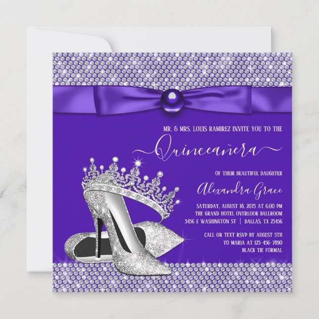 Invitation Quinceanera violette Diamond Tiara Princess (Devant)
