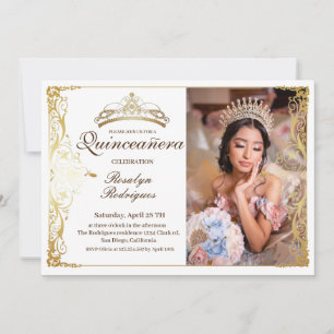 Invitation Quinceanera White Gold Beauté Photo Quinceanera
