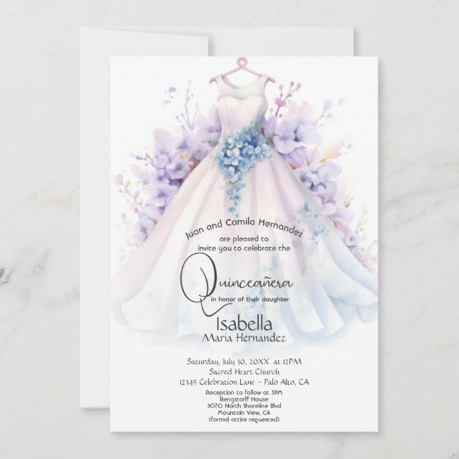 Invitation Quinceañera | White Gown Purple and Blue FLowers (Devant)