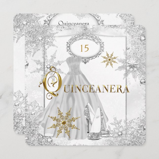 Invitation Quinceanera White Silver Snowflakes Tiara (Devant / Derrière)