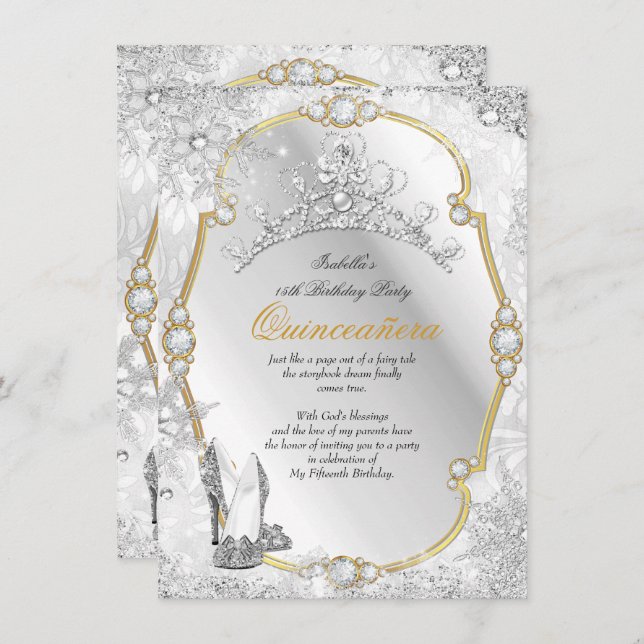 Invitation Quinceanera Winter Wonderland Snowflake Gold White (Devant / Derrière)