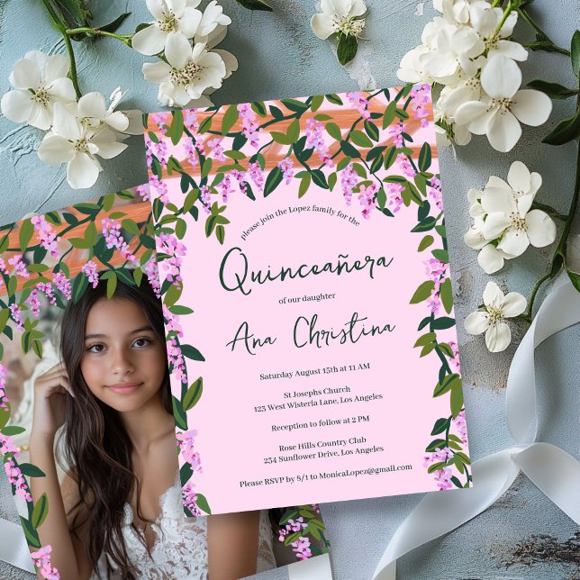Invitation Quinceañera Wisteria Vines Floral Photo personnali (Quinceañera Wisteria Vines Floral Custom Photo 15th Birthday Party  Invitation
)