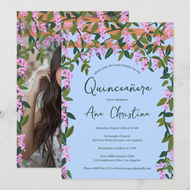 Invitation Quinceañera Wisteria Vines Floral Photo personnali (Devant / Derrière)