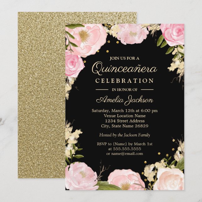 Invitation Quincée florale dorée rose rose noire (Devant / Derrière)