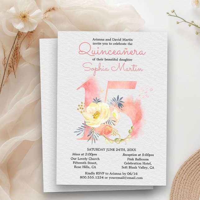 Invitation Quincénanera rose vif et florale de masse Numéro 1 (Quinceanera and Mass Invitation from my Blush Pink Number 15 Quinceanera collection
)