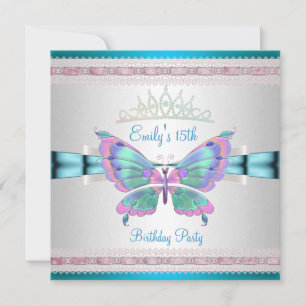 Invitation Quincenera 15ème Blanc Bleu Turquoise Rose Papillo