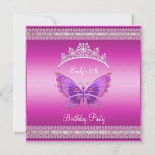 Invitation Quincenera 15ème Fushia Pink Silver Tiara Butterfl