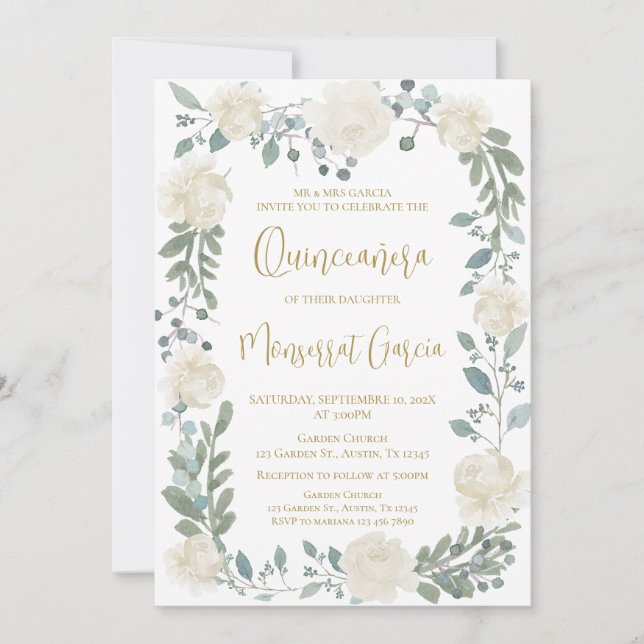 Invitation Quinceñera florale d'ivoire (Devant)