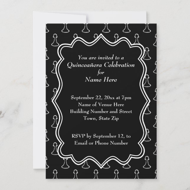 Invitation Quinceneras à thème des échecs noirs et blancs (Devant)