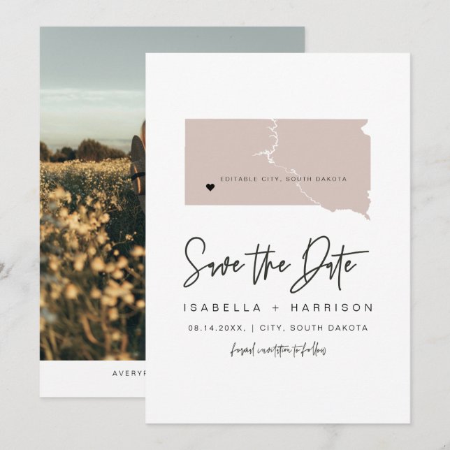 Invitation QUINN SUD DAKOTA Blush Map Photo Enregistrer la da (Devant / Derrière)