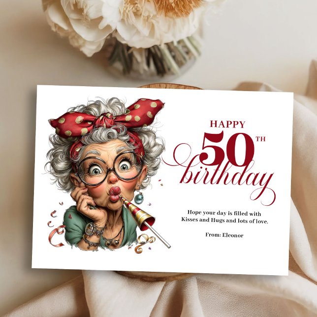 Invitation Quirky Funny Lady 50th Birthday Humor Cartoon Card (Quirky Funny Lady 50th Birthday Humor Cartoon Greeting Card)